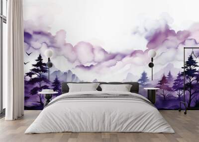 Purple forest and mountains landscape clouds transparent texture Wall mural