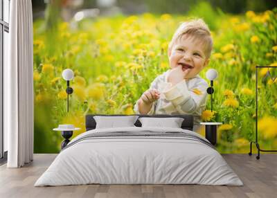 Concept: family values. Portrait of adorable innocent brown-eyed baby play outdoor in the sunny dandelions field and making funny faces. Wall mural