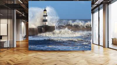 Waves crashing over Seaham Lighthouse in the northeast of England. Wall mural