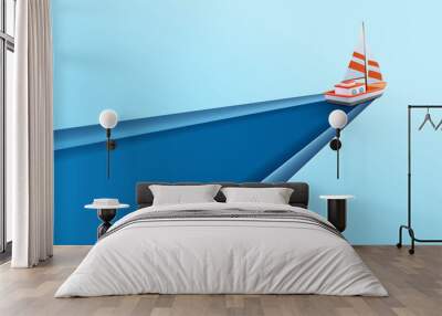 Paper sailboat floating and cut a paper at the same time, Travel and journey concept Wall mural