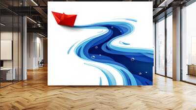 Success leadership concept, The journey of the origami red paper boat on winding blue river, Paper art design banner background Wall mural