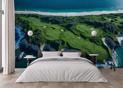 Aerial view of a golf course in the middle of the sea. Wall mural