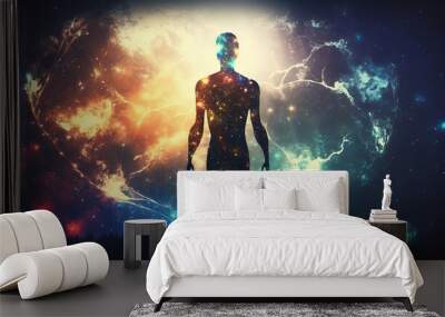 Male silhouette of an astral body on a fantastic cosmic background Wall mural