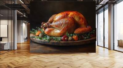 A beautifully roasted turkey presented on a wooden platter, garnished with fresh herbs and seasonal fruits for a festive celebration. Wall mural