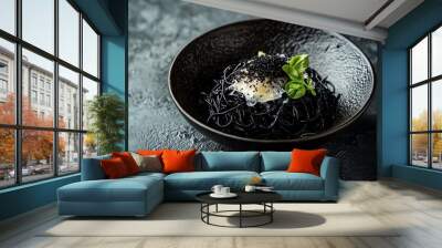 A plate of black pasta garnished with an egg, herbs, and spices, perfect for gourmet food photography. Wall mural