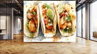 Delicious grilled fish tacos garnished with fresh lime, cilantro, and salsa. Perfect for food lovers and culinary enthusiasts. Wall mural