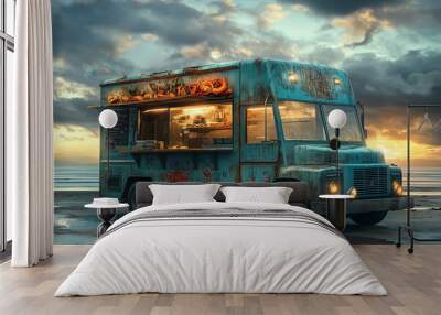 Rustic food truck parked on a beach during sunset, showcasing vibrant colors and inviting atmosphere for beachgoers. Wall mural