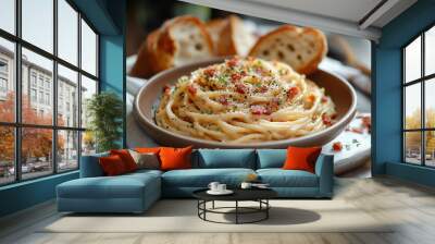 A complete serving of spaghetti carbonara, showcasing creamy sauce and crispy pancetta, garnished with black pepper, on a charming rustic wooden table, with soft natural lighting Wall mural