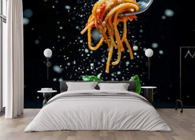 A fork twirling spaghetti with tomato sauce Wall mural