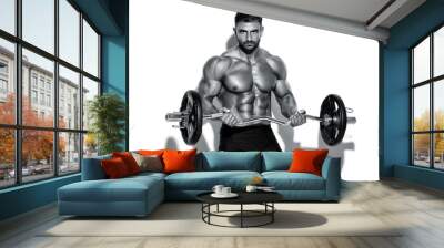 Handsome Bodybuilder Lifting Weights.  Performing Biceps Curls Wall mural