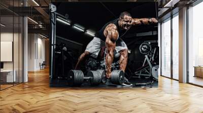 Hard Core Bodybuilding. Bodybuilder ready to lift heavy dumbbell Wall mural