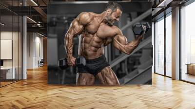 Hard Core Bodybuilding. Handsome Bodybuilder Workout at the Gym Wall mural