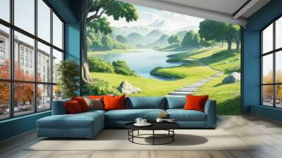 Lush green landscape with pathway by the serene lake Wall mural