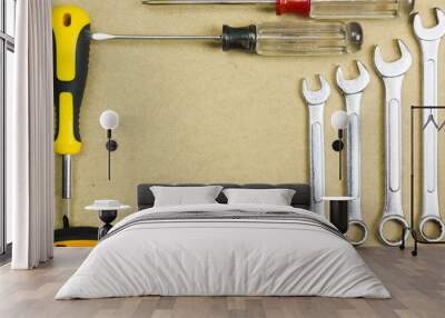 Arrangement of carpentry and set of hand tools. Frame composition with copy space top view. Wall mural