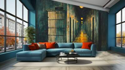 Prison bars and a hallway dark background Wall mural