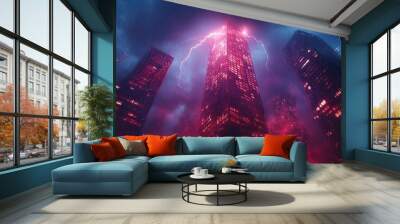 A Cityscape Under a Lightning Storm with Rain and Pink Lighting Wall mural