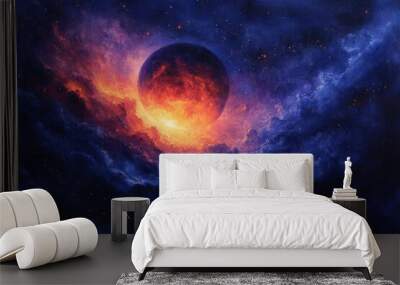 A fiery planet erupts in a starry sky with nebulae. Wall mural