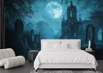 A Graveyard Path Illuminated by a Full Moon Wall mural