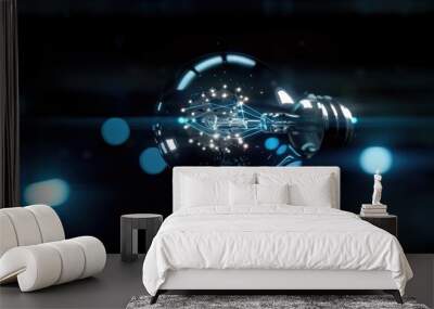 A Light Bulb Illuminating with a Digital Network Inside Wall mural