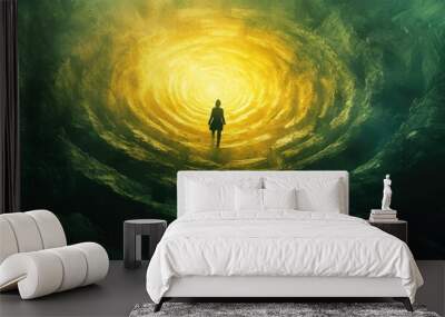 A solitary figure walks towards a glowing circular light at the end of a tunnel of green rock formations. Wall mural