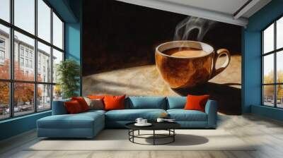 A Steaming Cup of Coffee in Soft Light Wall mural