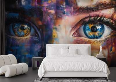 Abstract Painting of Two Eyes with Contrasting Colors Wall mural