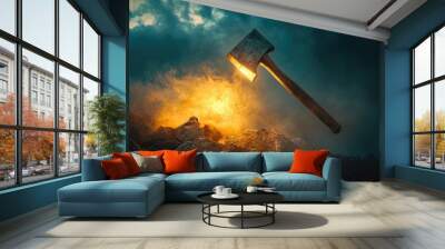 An axe with a wooden handle soars through the air against a dark, stormy sky, illuminated by a glowing light below. Wall mural