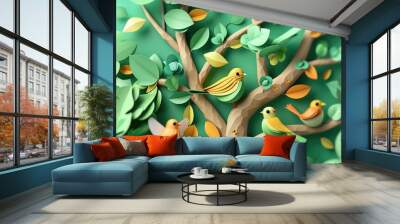 Birds on tree branches welcome spring with paper craft pattern Wall mural