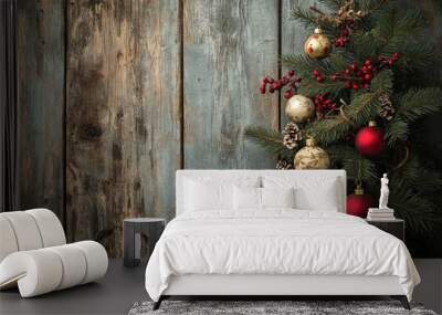 Christmas Tree Branch with Ornaments and Berries Against Weathered Wooden Background Wall mural