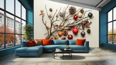 Christmas Tree Ornament Arrangement with Twigs and Pine Cones Wall mural