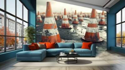 Close-up of Worn Traffic Cones on Wet Asphalt Wall mural