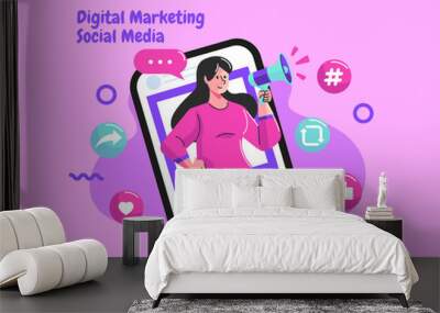 Digital Marketing Social Media with a megaphone and smartphone symbol Wall mural