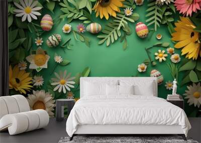 Easter eggs with daisies and sunflowers on a green background Wall mural