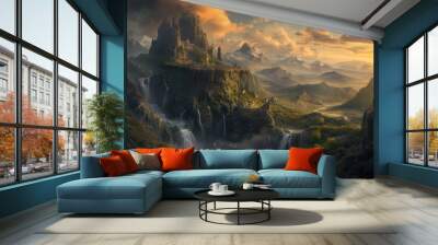 Fantasy landscape with a waterfall and mountains in the background at sunset Wall mural