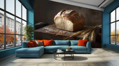 Freshly Baked Bread on Rustic Wooden Board Wall mural