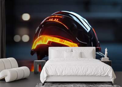 Futuristic Black Hard Hat with Orange Glowing Lights Wall mural