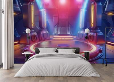 Futuristic SciFi Stage with Glowing Platform and Neon Lights Wall mural