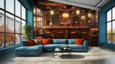 Illustration of a pub with wooden walls, bar counter and chairs Wall mural