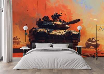 Military Tanks in a Dusty Battlefield Wall mural