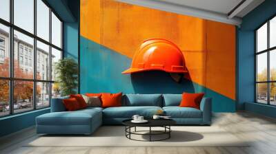 Orange Hard Hat on a Teal and Orange Wall Wall mural