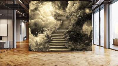 Stone Stairway Leading to a Heavenly Portal Amidst Clouds Wall mural