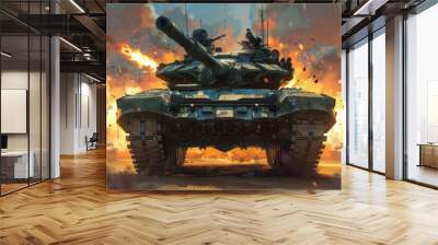 Tank on the Battlefield Amidst Explosions Wall mural