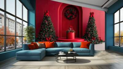 Two Decorated Christmas Trees Flanked by Red Steps and a Wreath Wall mural