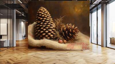 Two Pine Cones and Sprig on Rustic Burlap Wall mural