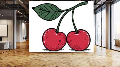 Two Red Cherries with Green Leaves and Stems Wall mural