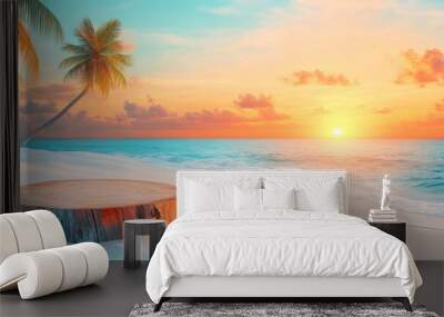 Wooden Tree Trunk on a Tropical Beach at Sunset Wall mural