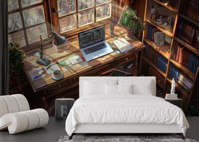 Workplace with laptop, coffee cup and books on wooden table and light coming in through window Wall mural