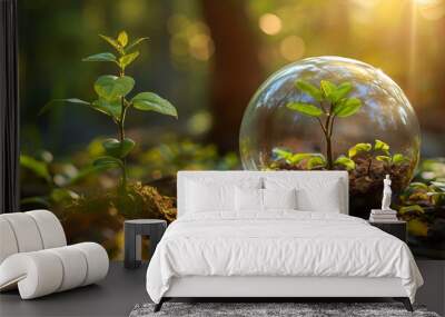 A small plant growing inside of glass sphere on the forest ground, sunlight and green nature background, ecology concept Wall mural