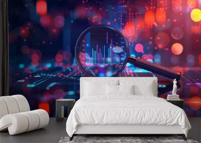 Magnifying glass over digital data visualizations and charts, stock market curve on abstract bokeh effect background Wall mural