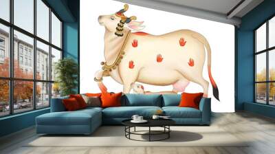 cow and calf pichwai art painting illustration  Wall mural